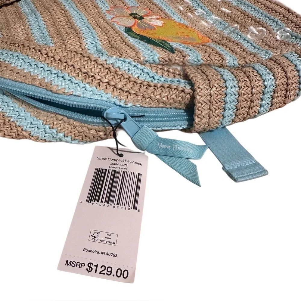 Vera Bradley Small Straw Compact Backpack in Lemon Grove “Squeeze The Day” NWT